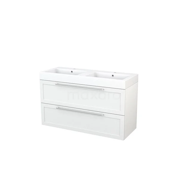 White bathroom unit with double basin, lacquered finish and two wide drawers for practical bathroom storage.