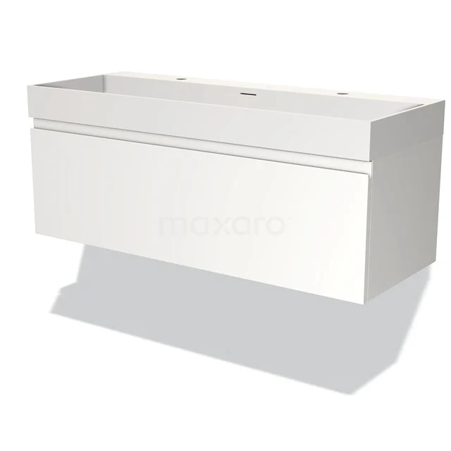 Modulo Bathroom furniture with sink | 120 cm Matte white Handle-less front Solid surface 1 drawer BMW11-03276 White hanging bathroom unit, rectangular design, handleless drawers, modern and sleek, ideal for bathroom storage.