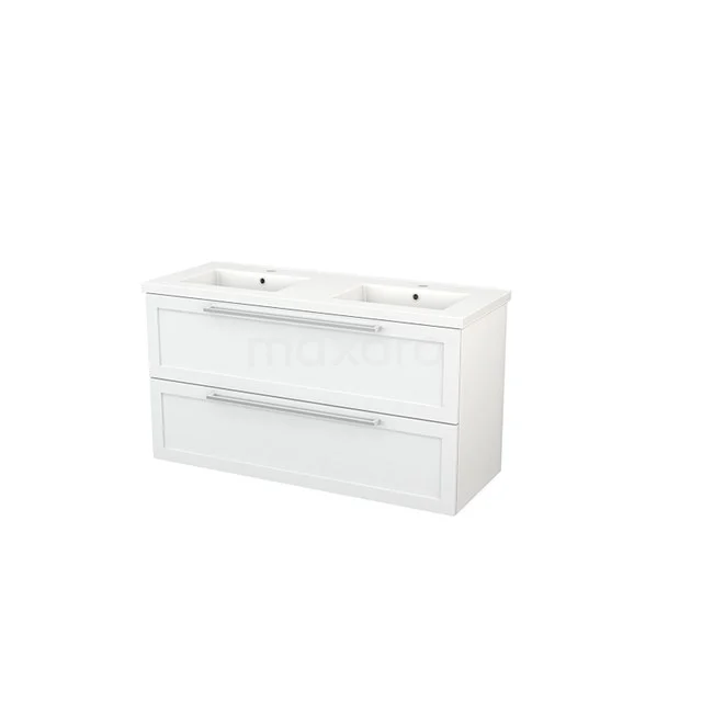 White bathroom unit with double basin, modern rectangular shape, smooth finish and two spacious drawers.