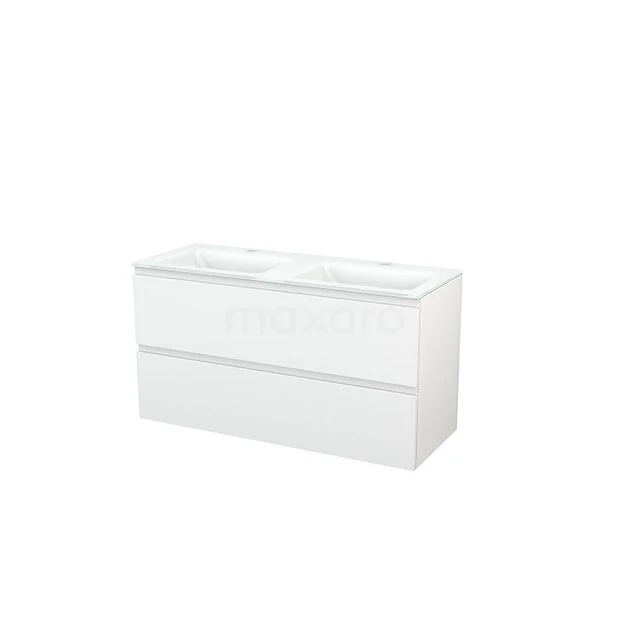 Modulo+ Vanity units with basin | 120 cm High-gloss white Handle-less front Glass 2 Stacked drawers BMP003349 White bathroom unit with two drawers, modern design, smooth finish, suitable for double basin.