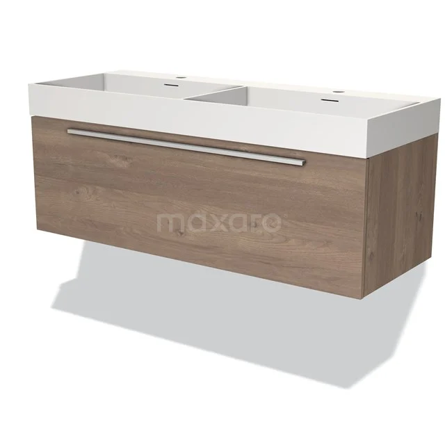 Wooden double vanity unit with white ceramic, sleek design, ideal as a modern bathroom solution.