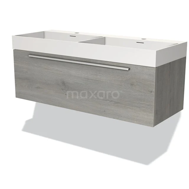 Modern wooden vanity units with basin, grey wood look, sleek design and integrated storage drawer.