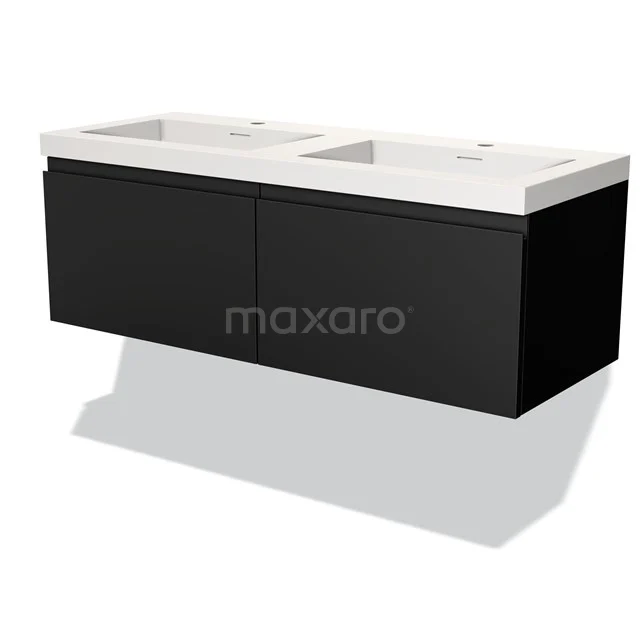 Zwarte badkamermeubelset met dubbele wastafel, strak design, greeploze lades en duurzame afwerking voor moderne badkamers.