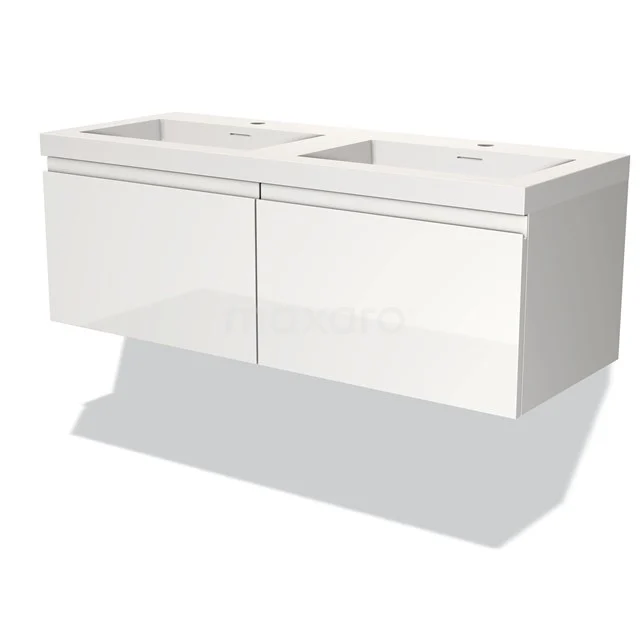 Witte zwevende dubbele wastafel met soft-close lades, ideaal voor een moderne badkamer.