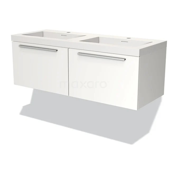 Wit zwevend badkamermeubel met dubbele wasbak, minimalistisch ontwerp, voorzien van metalen handgrepen voor een moderne uitstraling.