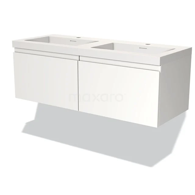 White floating bathroom unit with double sink, sleek design and minimalist storage space, ideal for modern bathrooms.