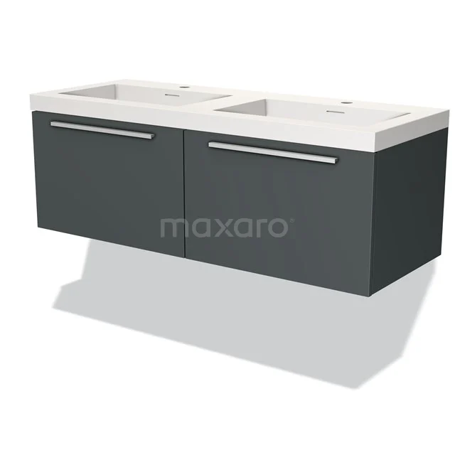 Donkergrijs dubbel wastafelmeubel met witte keramische wasbak, strak design en metalen handgrepen, ideaal voor moderne badkamers.