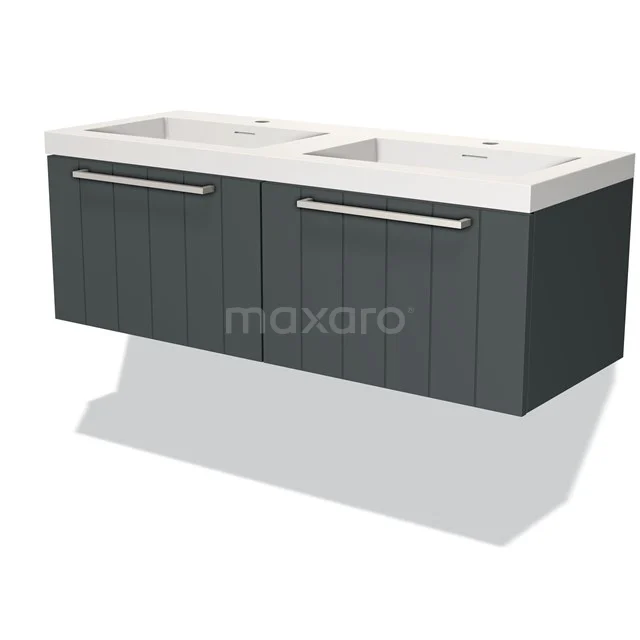 Dubbele zwarte hangende wastafel met witte keramische spoelbakken, moderne look en paneeldeuren voor stijlvolle badkamers.