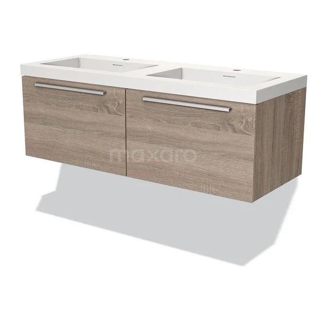 Houten wastafelmeubel met dubbele wasbak, walnoot-look, zwevend ontwerp, ideaal voor moderne badkamers.