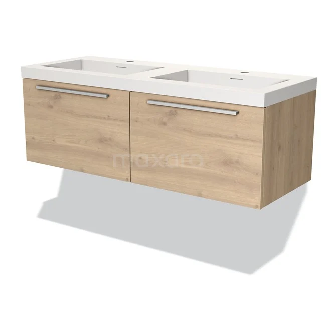 Houten badkamermeubel met dubbele wastafel, modern design, lichte houtkleur en strakke lijnen voor een stijlvolle badkamer.