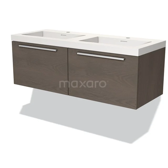 Modulo Waschtische | 120 cm Dunkelbraune Eiche Flach front Solid Surface 2 nebeneinanderliegende Schubladen BMW12-00731 Doppelte Holz-Waschbeckenunterschrank aus Eiche, einschließlich weißem Keramikwaschbecken, ideal für moderne Badezimmeranordnungen.