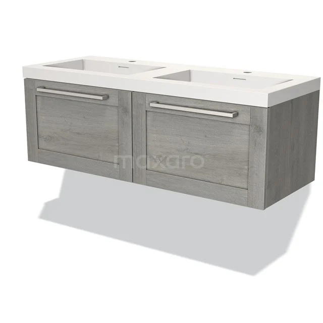 Dubbele houten wastafel met grijze ladefronten en witte keramische wasbakken, ideaal voor moderne badkamers.