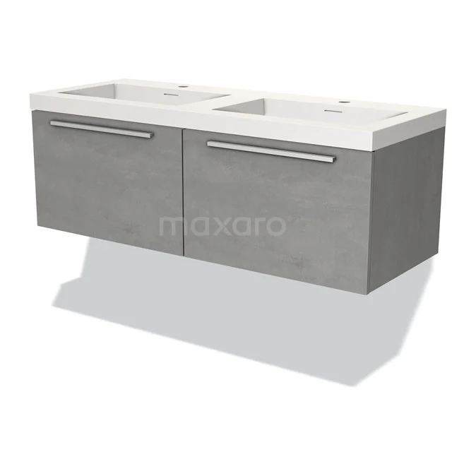 Grijze dubbele wastafel met kast, hangend badkamermeubel van houtlook, met twee lades en strakke metalen grepen.
