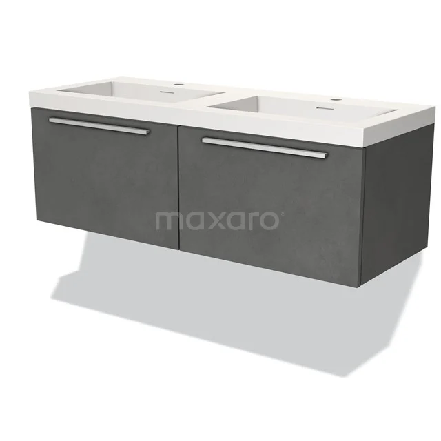 Dubbele wandhangende wastafelmeubel, antraciet betonlook met witte keramische waskommen, modern design voor de badkamer.