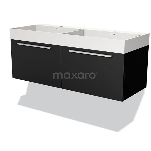 Zwarte dubbele wastafelmeubel met witte keramische wasbak, modern design, ideaal voor stijlvolle badkamerinrichting.