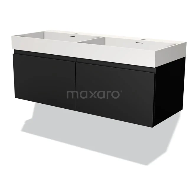 Black floating bathroom unit with double basin made of ceramic, sleek design and handleless drawers for modern bathrooms.