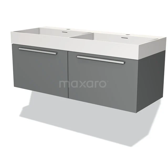 Grijze dubbele wastafelmeubel met witte keramische wastafel, moderne badkamerkast met twee lades en metalen handgrepen.