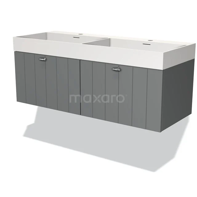 Grijze dubbele wastafelmeubel met witte keramische wasbak, modern ontwerp, ideaal voor een stijlvolle badkamer inrichting.