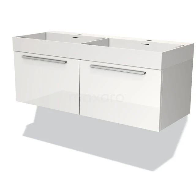 Witte dubbele wastafel met onderkast, strak design, ideaal voor moderne badkamers, met 2 lades en metalen handgrepen.