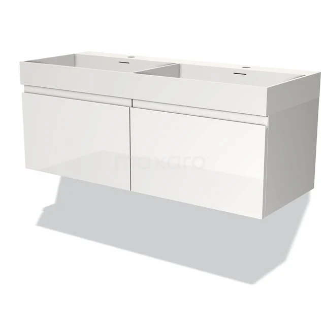 Badmöbel 120cm Modulo Hochglanz Weiß 2 Schubladen Griffloses Waschbecken Solid Surface BMW12-00745 Weißes Badezimmermöbel mit Doppelwaschbecken, glänzende Oberfläche, schlankes Design, ideal für moderne Bäder.