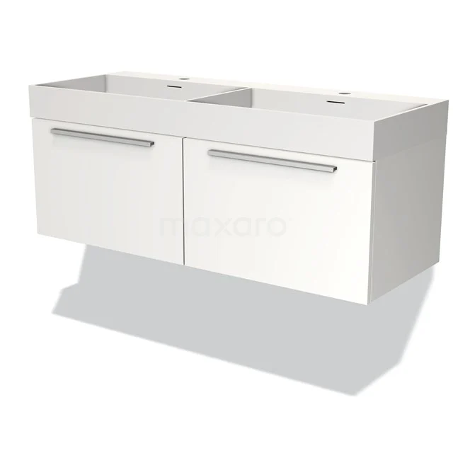 Wit zwevend badkamermeubel met dubbele wastafel, minimalistisch design en twee lades, ideaal voor een moderne badkamer.