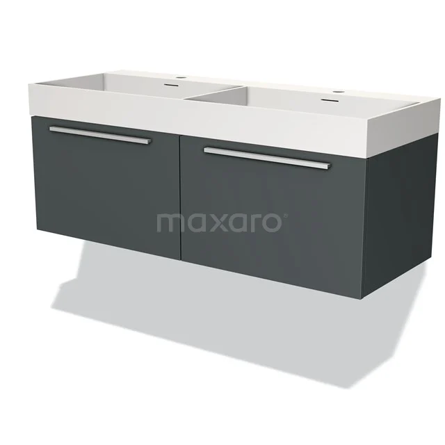 Antraciet badkamermeubel met dubbele wastafel, strak design, witte keramische wasbak, moderne afwerking en ruime bergruimte.