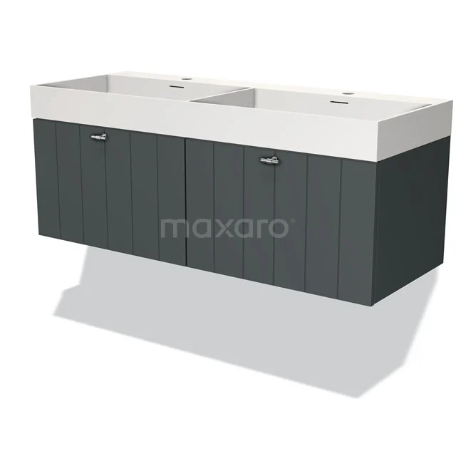 Dubbele wastafelmeubel met donkere houtlook, witte keramische wasbakken en minimalistisch design, ideaal voor moderne badkamers.