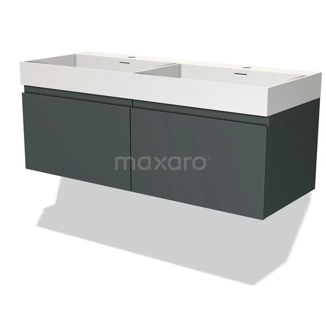 Dark grey double basin vanity unit with white ceramic basins, ideal for modern bathroom design.
