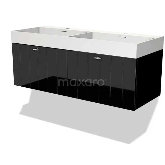 Zwart-wit zwevend badkamermeubel met dubbele wastafel, hoogglans afwerking en moderne uitstraling.
