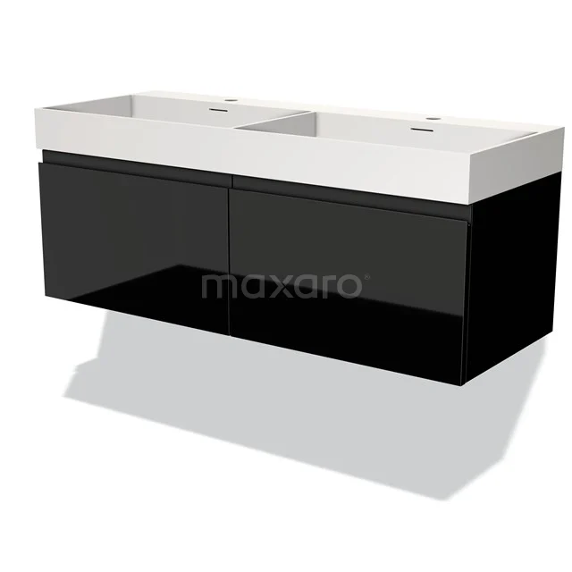 Zwarte wastafelonderkast met dubbele witte wastafel, modern design, ideaal voor een stijlvolle badkamerinrichting.