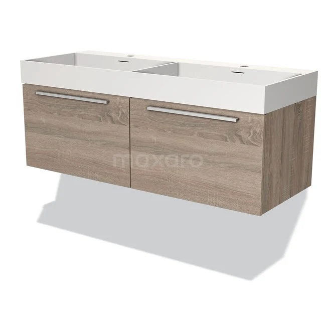 Houten wandmeubel met dubbele wastafel, ladegrepen en modern design, ideaal voor een stijlvolle badkamerinrichting.