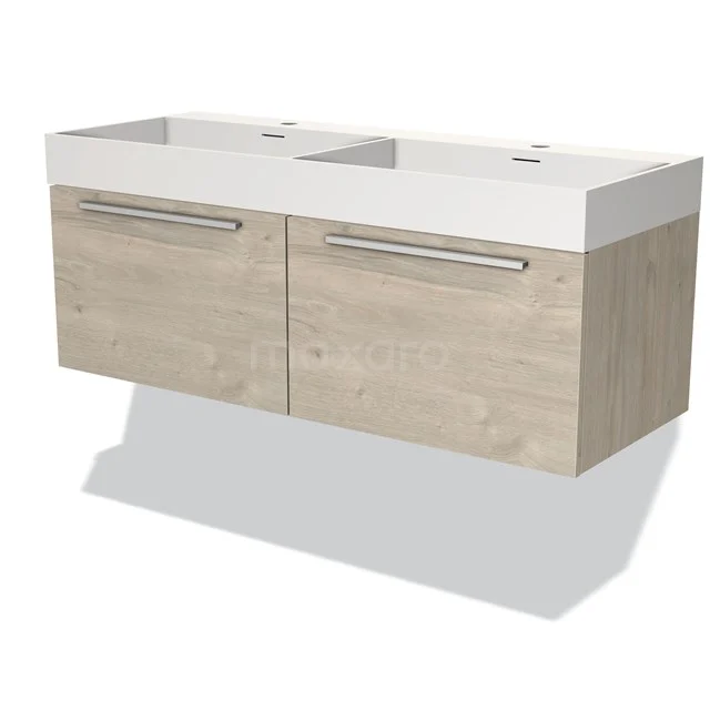 Houten badkamermeubel met dubbele wastafel, modern ontwerp en handige opberglades, perfect voor een stijlvolle badkamer.