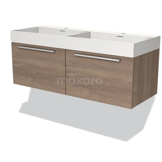 Houten badmeubel met dubbele wastafel, modern design, eiken look, perfect voor stijlvolle badkamer inrichting.