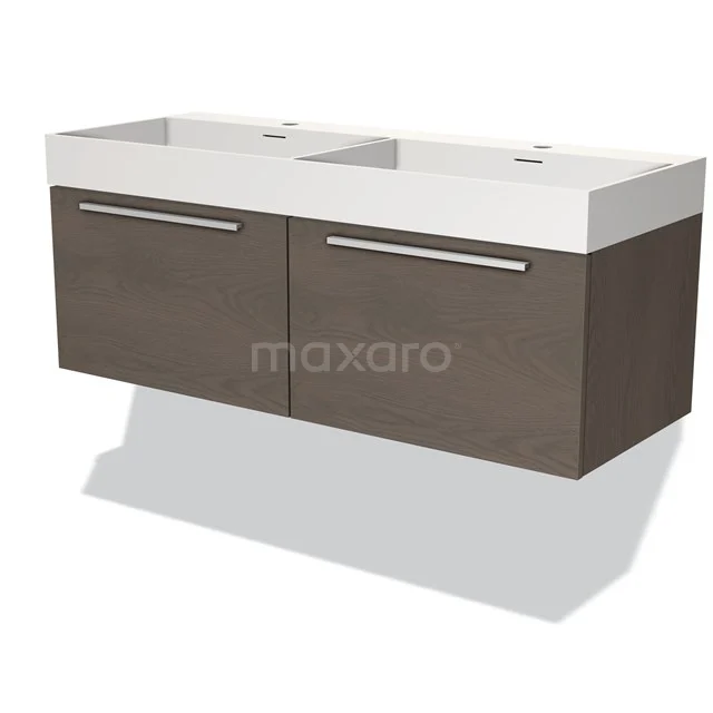 Dubbele wastafel met houtlook onderkast, witte keramische wasbakken en modern design, ideaal voor een stijlvolle badkamer.