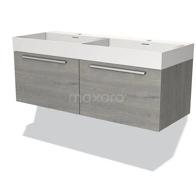 Grijze houten badkamermeubel met dubbele witte wastafel, modern design, ideaal voor stijlvolle en praktisch ingerichte badkamers.