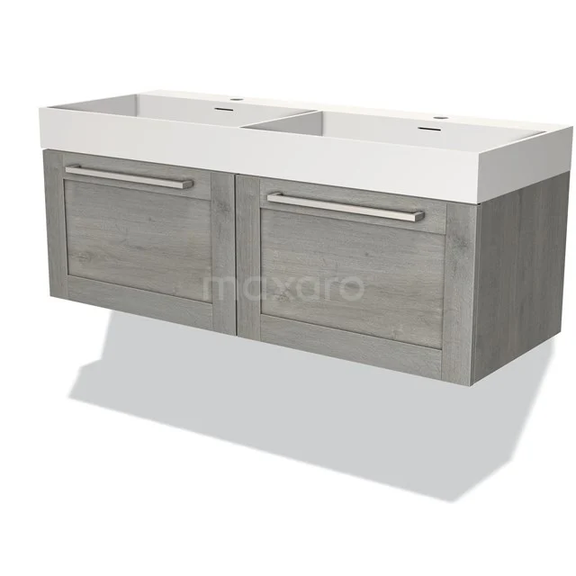 Dubbele wastafel met hout-look onderkast, grijs eiken, twee lades en moderne chroomgrepen; ideaal voor een stijlvolle badkamer.