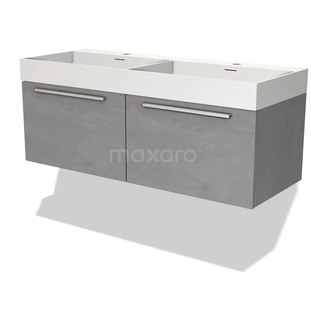 Grijs hangend badkamermeubel met witte dubbele wastafel, strakke metalen handgrepen, moderne betonlook afwerking.