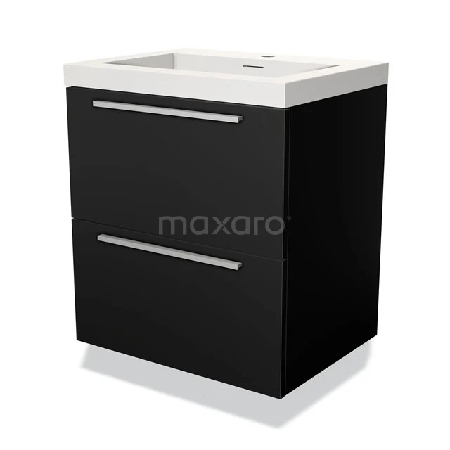 Zwarte badkamerkast met twee lades, chromen handgrepen en witte keramische wastafel, modern ontwerp.