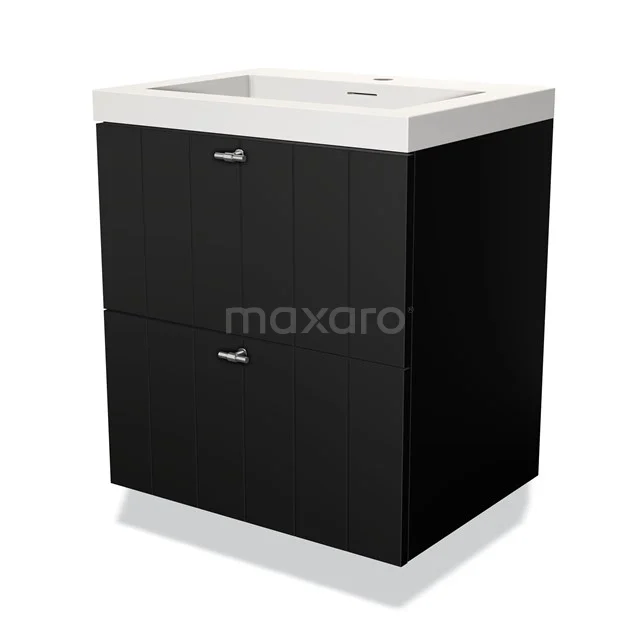 Zwart badkamermeubel met witte wastafel, tweeladen ontwerp en metalen handgrepen, modern en compact voor kleine badkamers.