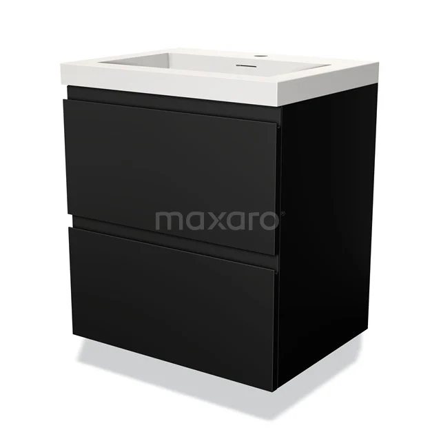 Zwart-wit badkamermeubel met twee lades, strak design, uitgevoerd in mat zwart en wit keramiek, perfect voor moderne badkamers.