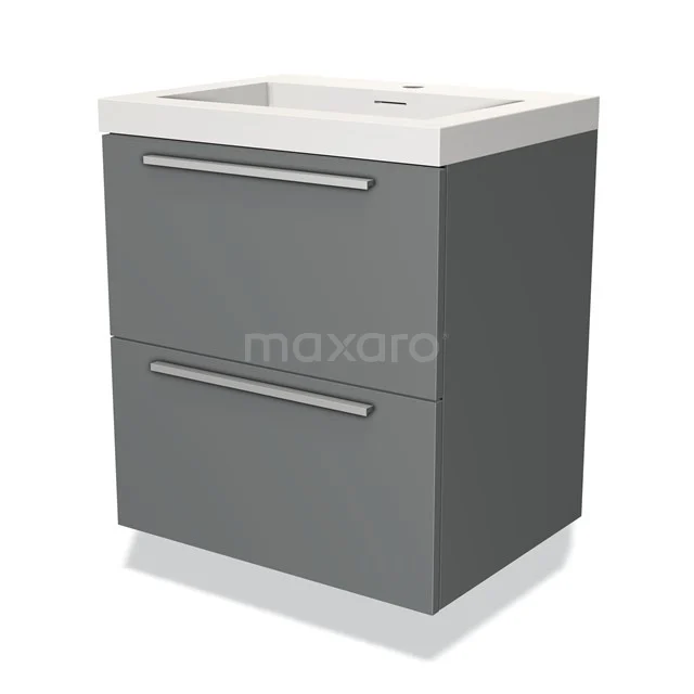 Grijze badkamermeubelset met twee lades, slanke metalen handgrepen en een witte keramische wastafel.