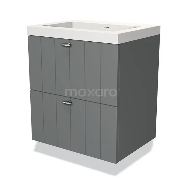 Grijze badkamermeubelset met strakke lijnen, 2 lades en een witte wastafel; ideaal voor moderne badkamerinrichting.