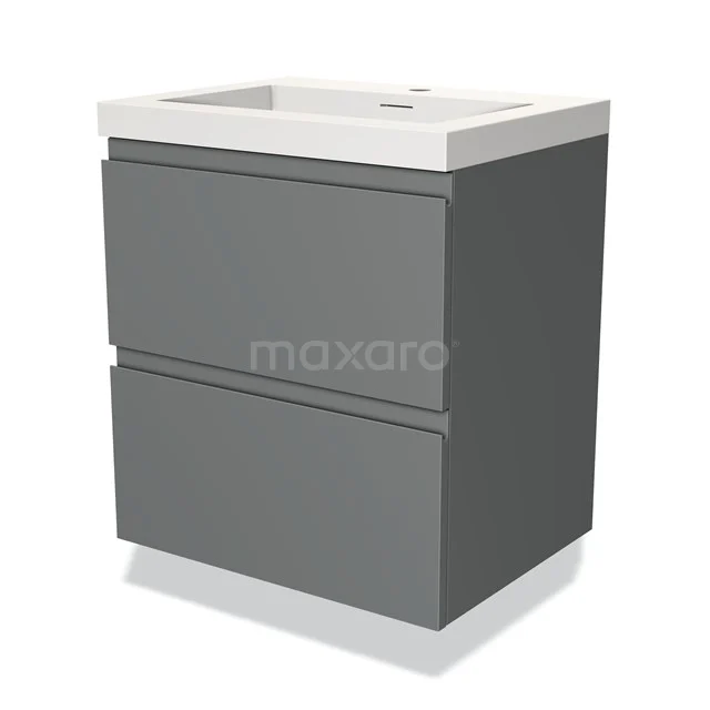 Grijze badkamerkast met twee lades, strakke vormgeving en geïntegreerde witte wastafel, ideaal voor moderne badkamers.