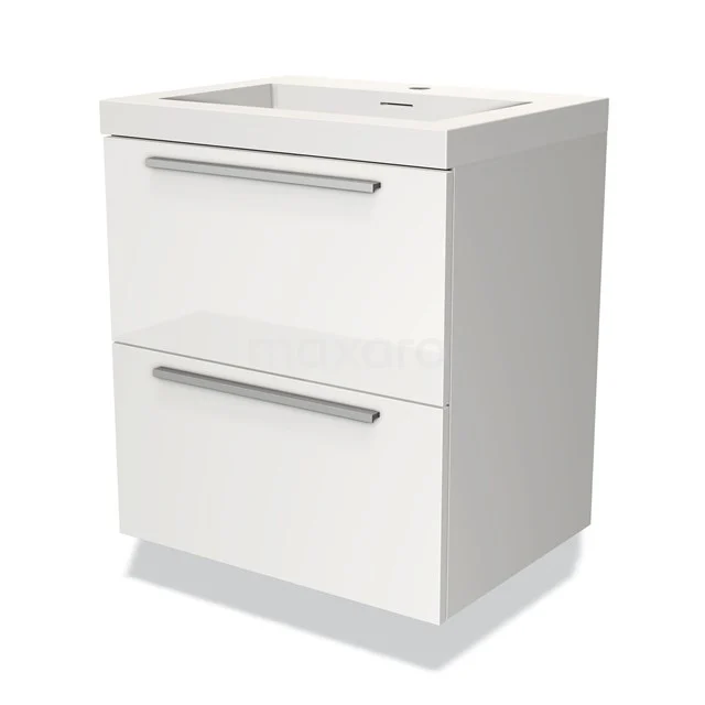 White bathroom unit with two drawers, glossy finish, metal handles and integrated vanity units with basin.