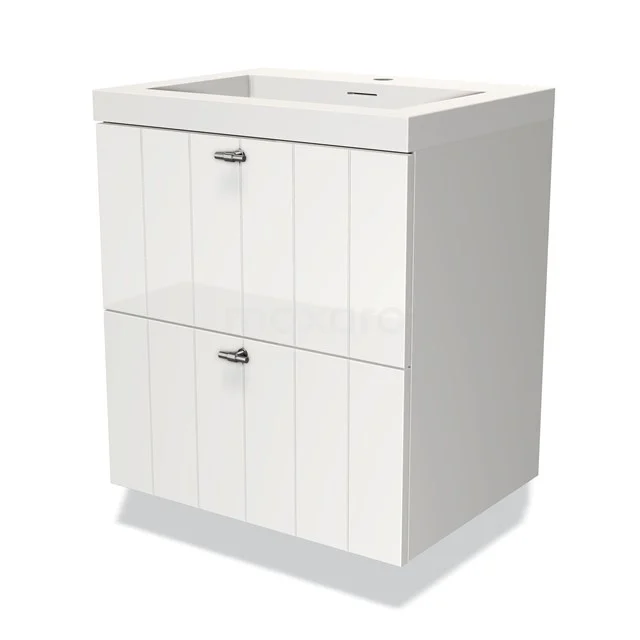 Badmöbel 60cm Modulo Hochglanz Weiß 2 Schubladen Lamellenwaschbecken Solid Surface BMW17-03187 Weißer Badschrank mit zwei Schubladen, vertikalen Linien und modernem Design, ideal für Badezimmerlagerung.