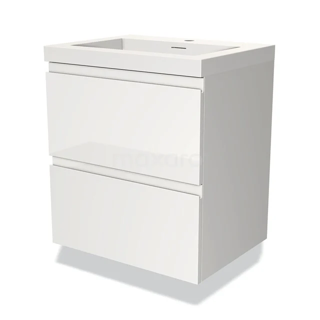 White Bathroom cabinet series with glossy finish, two drawers, modern design and compact size suitable for any bathroom.