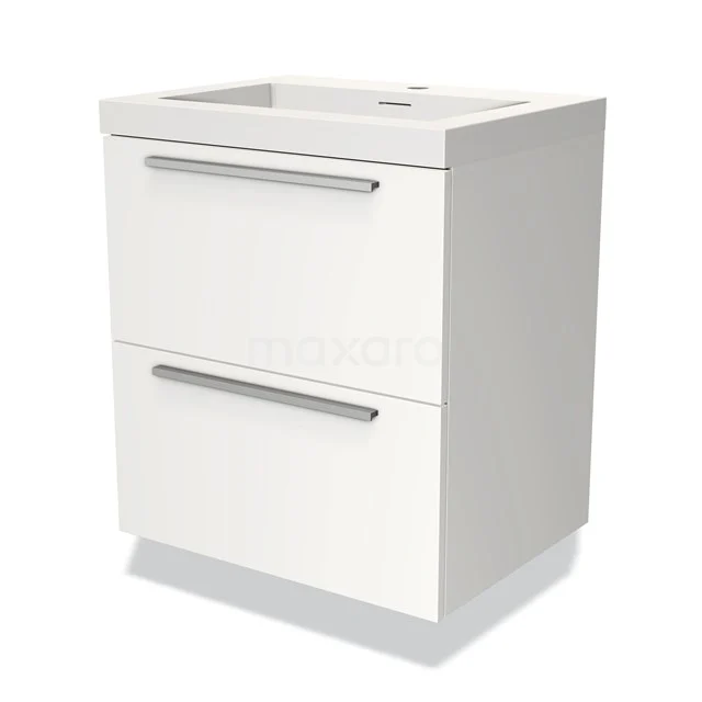 Wit badkamermeubel met twee lades, strak design en wandmontage, ideaal voor een moderne badkameropstelling.