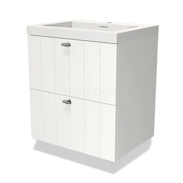 Wit badkamermeubel met twee lades, verticale lijnen, compact design, ideaal voor kleine badkamers, modern en praktisch.