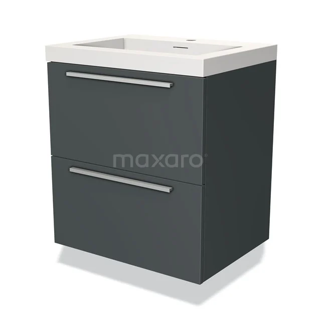 Donkergrijze badkamermeubel met twee lades, moderne look, witte keramische wastafel, ideaal voor compacte badkamerinrichting.