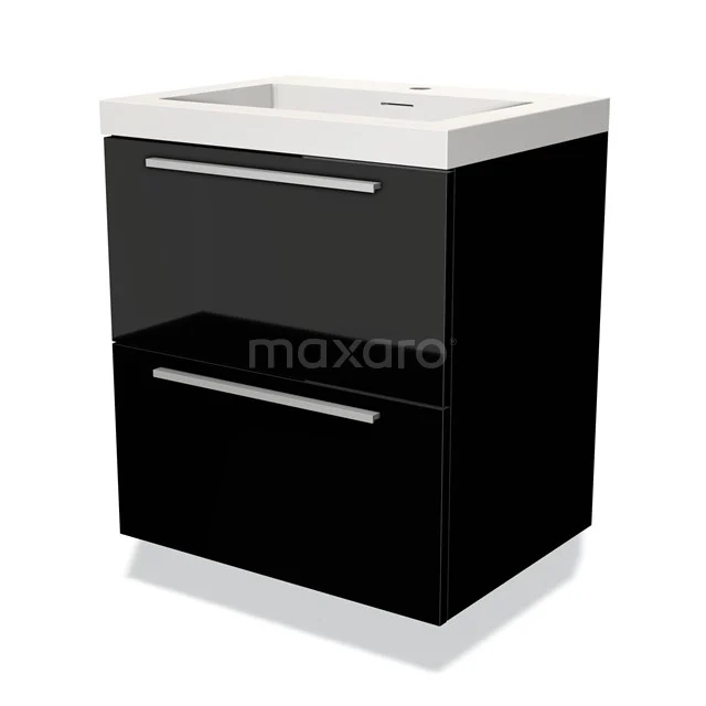 Zwarte hoogglans badkamerkast met witte wastafel, twee lades en strakke zilveren handgrepen, modern design.